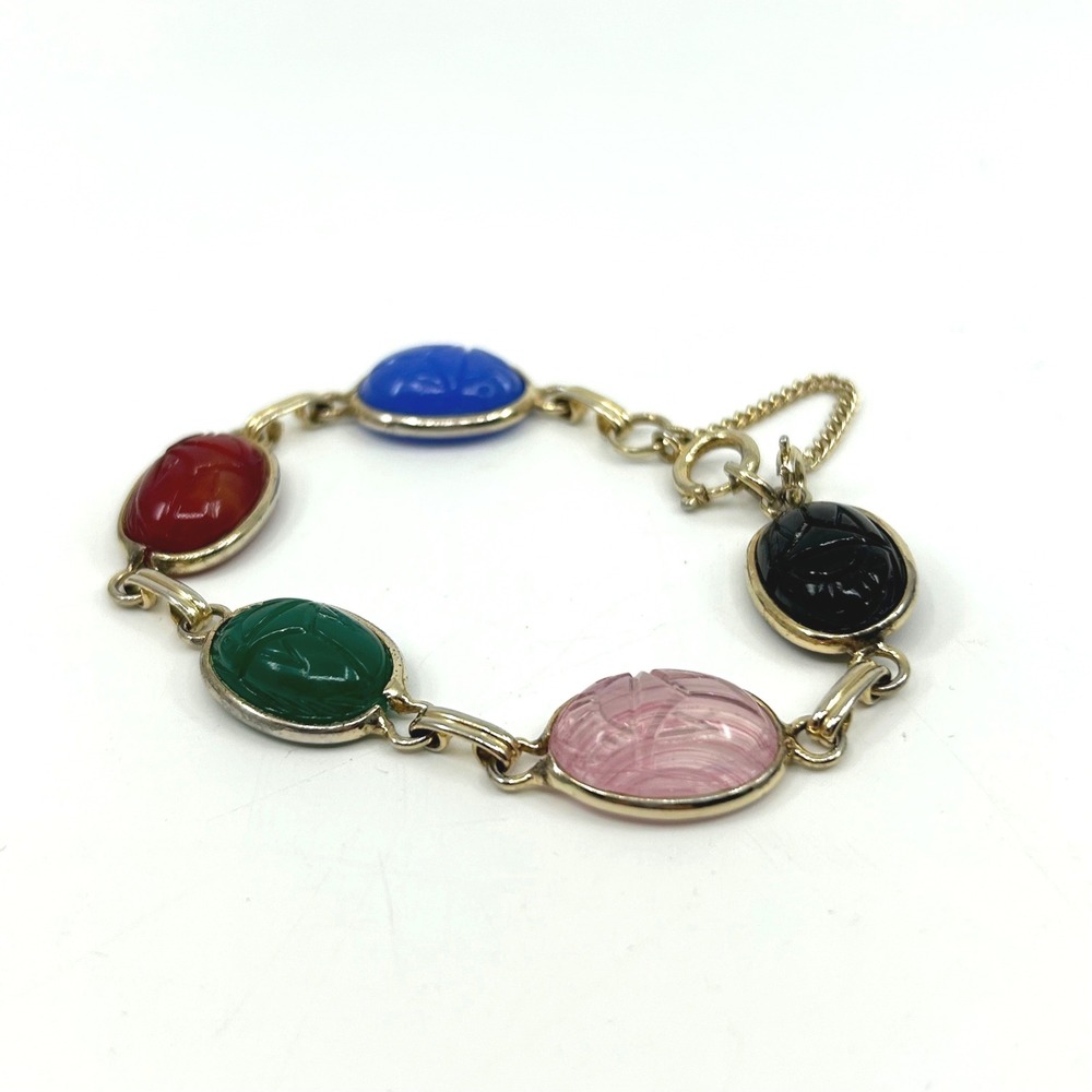 Vintage Egyptian Revival Colorful Gold Tone Scarab Bracelet Bezel Safety Chain